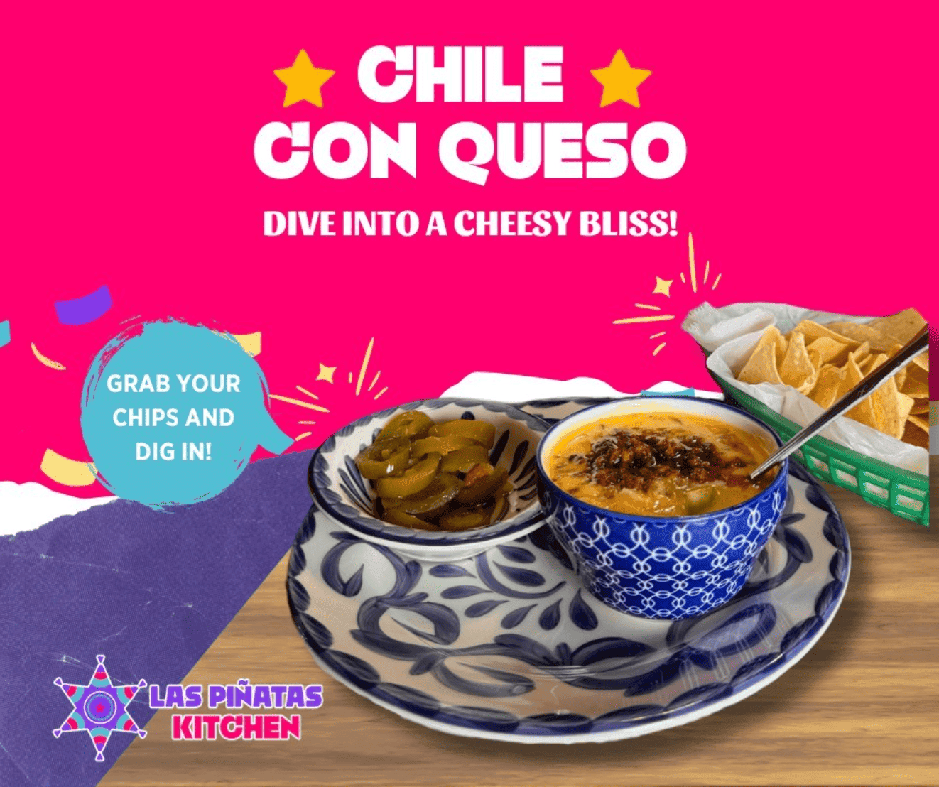 Chile con queso with grilled jalapeños and chips — appetizer at Las Piñatas Kitchen Tomball