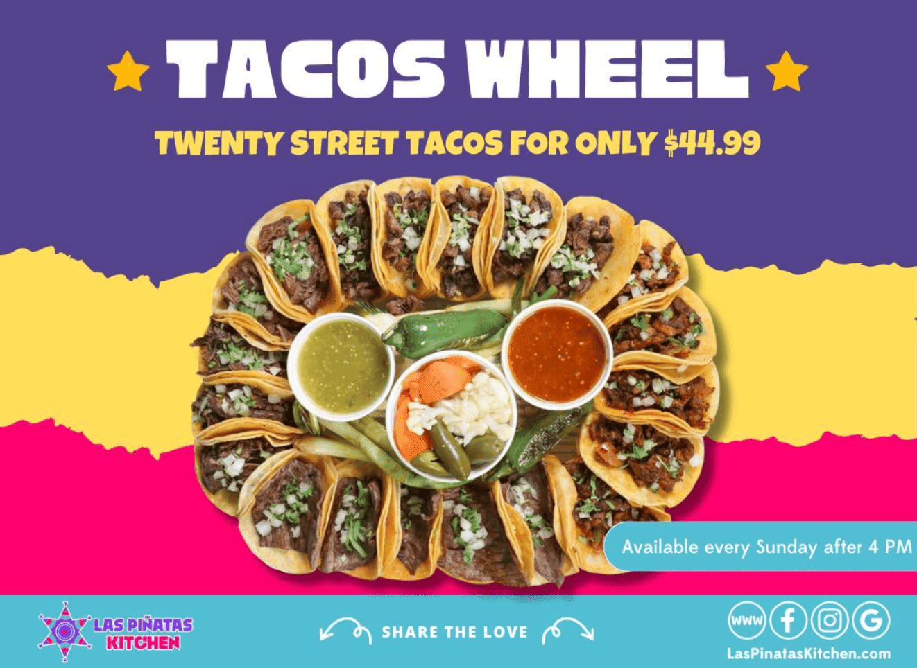 Tacos Wheel — 20 street tacos sharing platter at Las Piñatas Kitchen Tomball